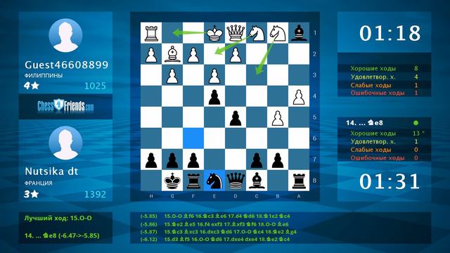 Анализ шахматной партии: Guest46608899 - Nutsika dt, 0-1 (по ChessFriends.com) смотреть онлайн