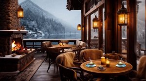 Уютная зимняя веранда с приятной джазовой инструментальной музыкой и потрескивающим камином