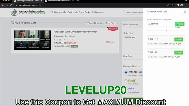 Tutorialspoint Discount Coupon Code - FLAT 20% OFF MAXIMUM Discount Coupon Code [LEVELUP20]