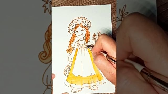Девочка Осень - рисунок маркером и красками.