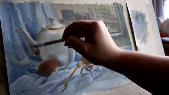 Гуашь. Натюрморт у окна с пейзажем. смотреть онлайн