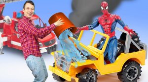 Пожарная машинка и Человек Паук тушат пожар — Видео для мальчиков с машинками — Автомастерская