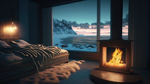 Уютная хижина на замерзшем зимнем море со звуками камина
