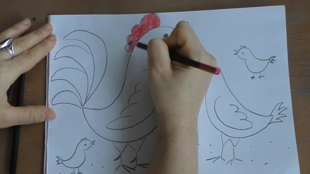 как нарисовать петушка , курочку и цыплят карандашами от 3х леь просто