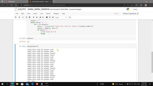 Part 2: Create players automatically and reset score after game over, snakes and ladders with pytho