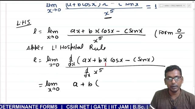#15 Find the value of  constant a,b & c in  indeterminate forms|limx→0  (ae^x-bcosx+c e^-x)/(x sinx