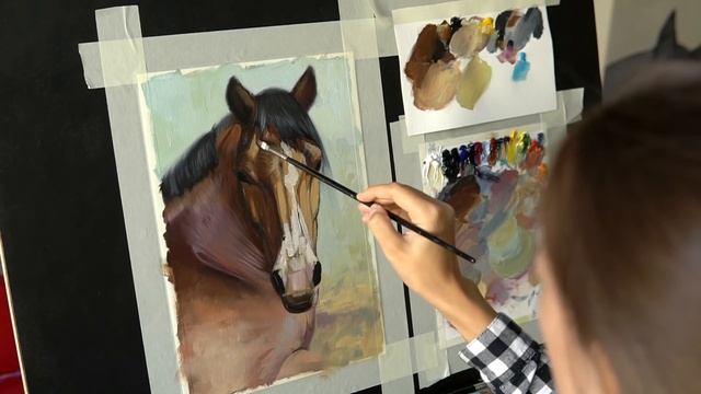 Как рисовать портрет лошади в анфас ? Масляная живопись, пошаговое объяснение. Акрил в подмалёвке. смотреть онлайн