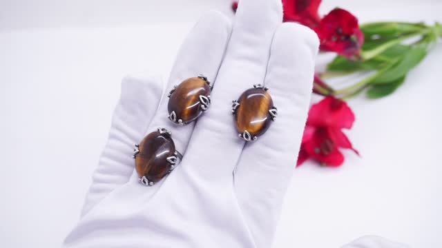 Серьги и кольцо Сабрина тигровый глаз натуральный посеребрение комплект камни 4002 Хорошие Вещи