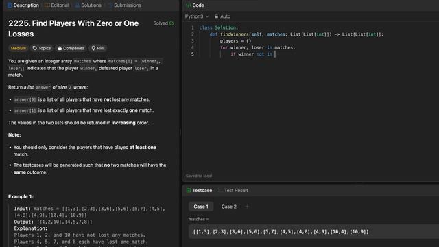 LeetCode 2225 Find Players With Zero or One Losses - python смотреть онлайн