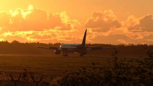 Spectacular sunset! Boeing 767-300ER of Azerbaijan Airlines is landing at Saint Petersburg airport.