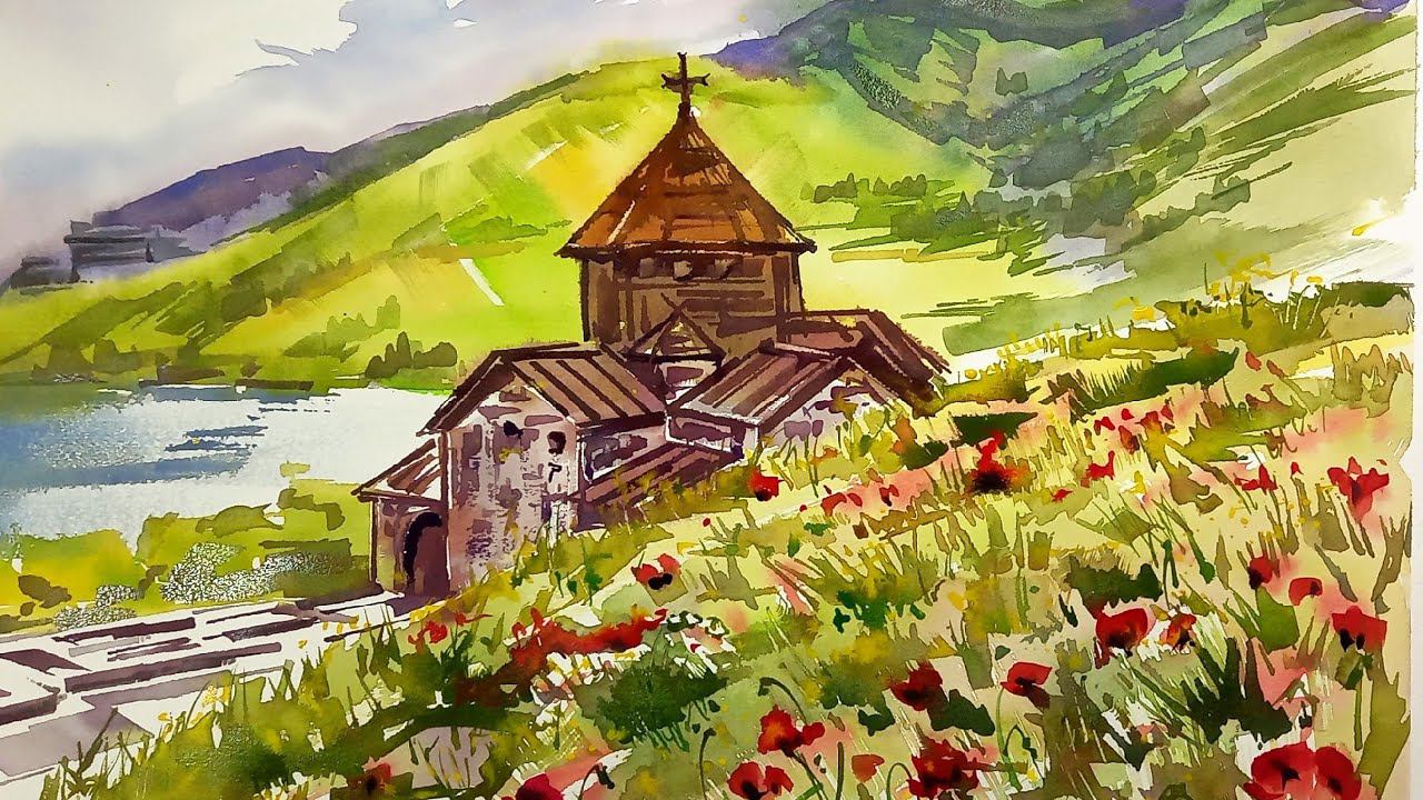 В краю красных маков, Севанаванк, акварель смотреть онлайн