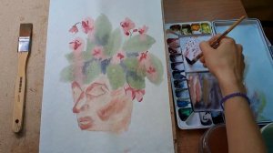 Цветы. Рисуем акварелью. Цветы в горшке или голова в цветах. Flowers. We draw with watercolor.