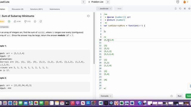 907. Sum of Subarray Minimums | JavaScript | Easy Solution | Constant Space Complexity | LeetCode