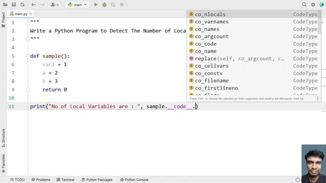 Write a Python Program to Detect The Number of Local Variables Declared in a Function [magic method