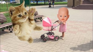 Смешные котята Гуляем с Беби Бон в коляске Смешные Животные для Детей Кошка Baby Born doll