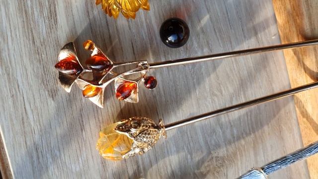 Палочки канзаши для волос из янтаря от Фроллены. смотреть онлайн