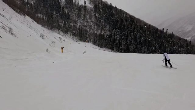 ДОМБАЙ 2024. Горы Кавказа. Спуск на лыжах по лесной трассе горнолыжного курорта Домбай.