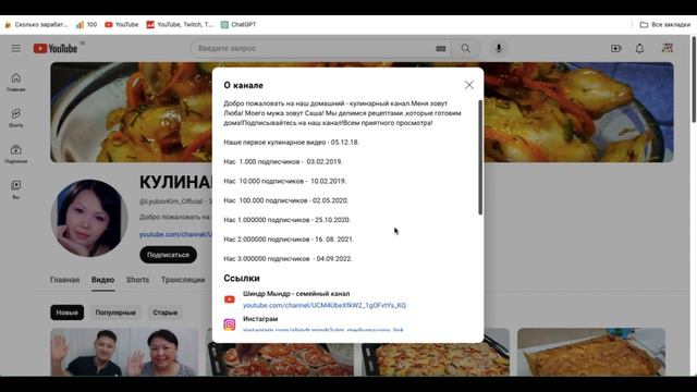 Каналы КУЛИНАРИЯ Любовь Ким и Шиндр Мындр доход с монетизации за последние 30 дней