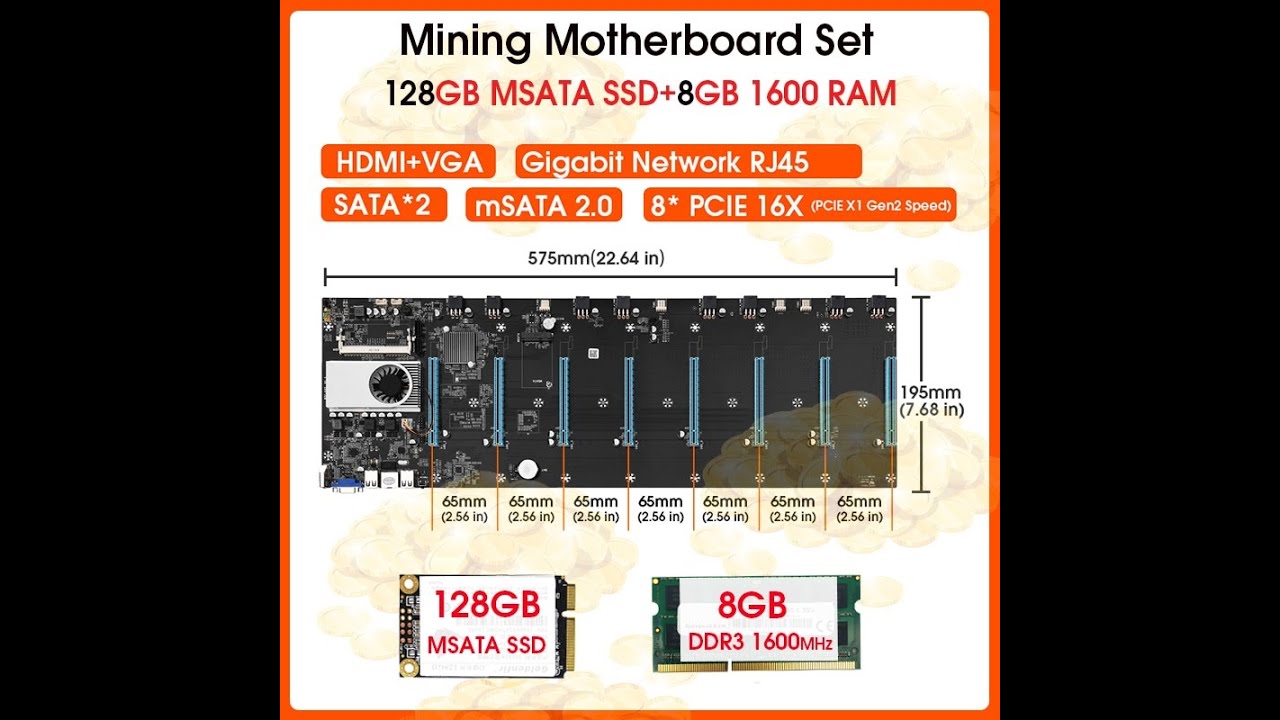 Безрайзерная материнская плата для майнинга BTC-S37 на 8 GPU и серверный блок питания на 6-pin.