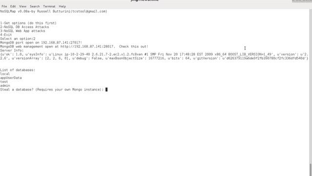 NoSQLMap MongoDB Management Attack Demo смотреть онлайн