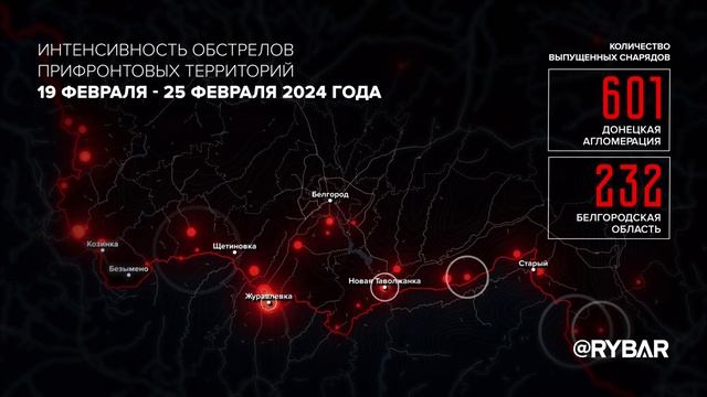 Интенсивность обстрелов прифронтовых территорий 19-25 февраля 2024 ода