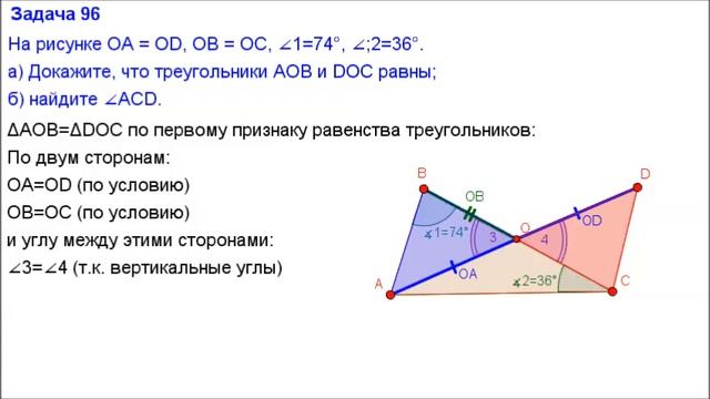 74 градус. На рисунке OA=OC И ob=od. Геометрия 7 класс номер 96 на рисунке 54. Задача по геометрии 96. На рисунке ОА равно od.