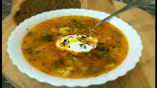 Рассольник с перловкой и солеными огурцами. Домашний суп с курицей. Очень вкусный!