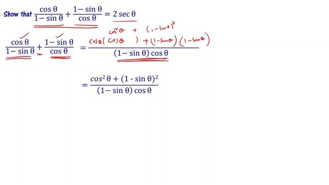 Show cos θ/(1 - sin θ) + (1 - sin θ)/cos θ = 2sec θ | Class  10 Trigonometry AP TS