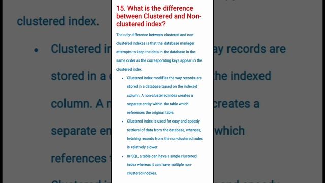 15.What is the difference between clustered & non-clustered index?|#sqlinterviewquestions #database