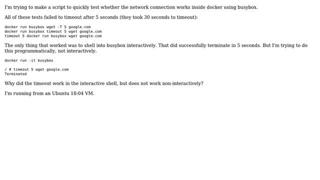 Why does docker run busybox timeout not work?