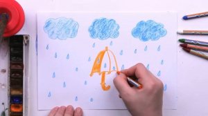 Как нарисовать зонтик под дождём восковыми карандашами и акварелью.