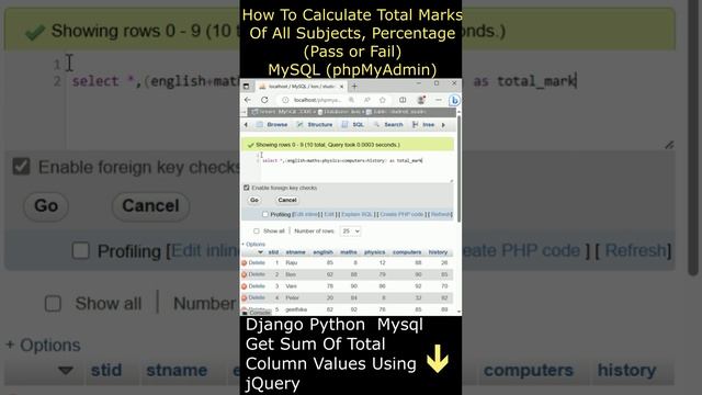 sql query student marks, pass fail and percentage