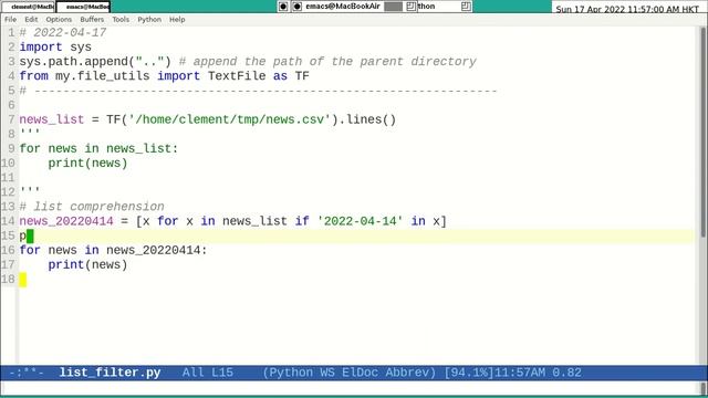 Python in Emacs 0015 -- How to use List Comprehension for a one-liner filtering of list