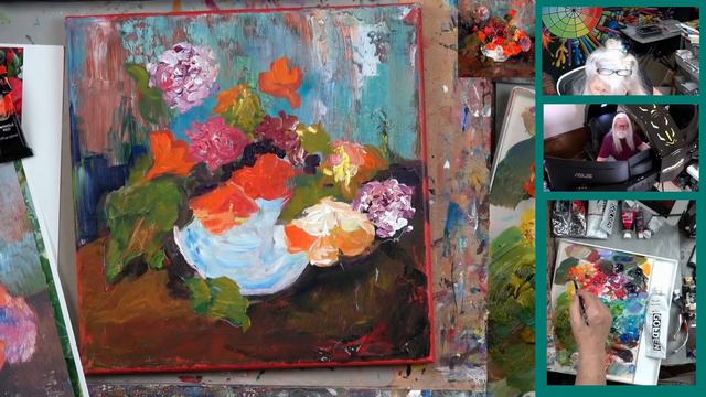 How to Paint a Vase of Nasturtiums by Gauguin with Acrylics with  a Palette Knife Background