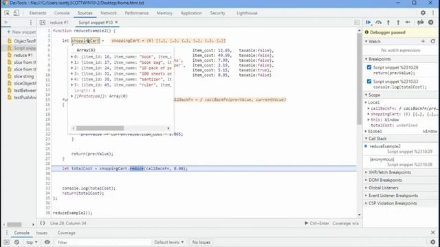 Javascript Array function: reduce(),  combine all the values in an array into a single value.