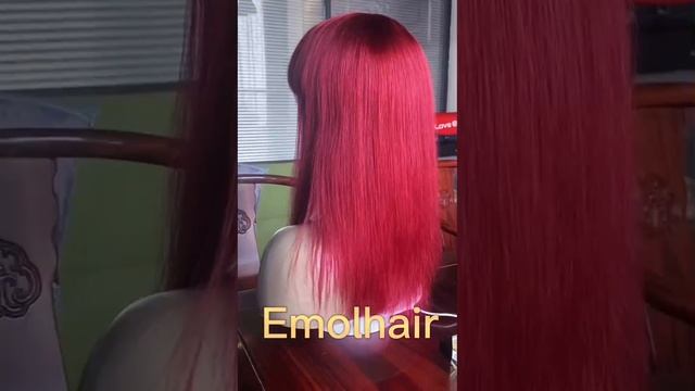 SUPER Cute & Easy Straight Wig With Bangs 99J Burgundy Color @emolhair #humanhair