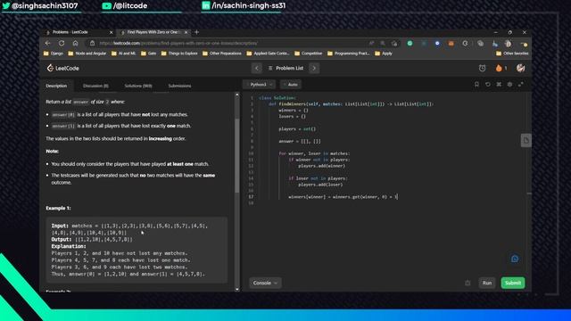 Leetcode 2225. Find Players With Zero or One Losses - Python Solution