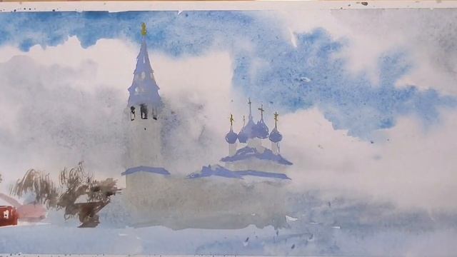 Палех акварелью! Как писать зиму в один слой! Paleh by watercolor! How to paint winter in one layer.