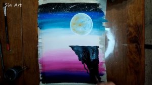 Moon over cliff | Painting in gouache | Sia Art