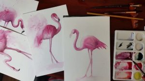 Flamingo painting with watercolor. Demonstration of the process.