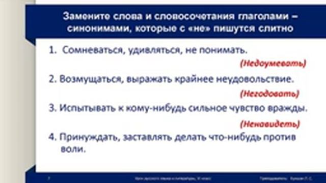 Русский язык и литература - 6 класс. Правописание частицы НЕ с глаголами. Букшан Л.С.