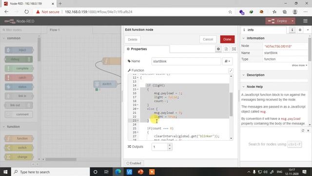 How to blink led in nodered using for loop | Learn free Raspberry pi online | Raspberry pi basics