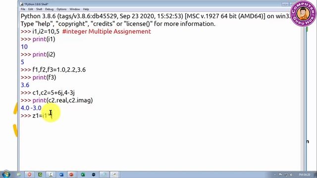 Assignment Operator | Multiple Assignments | Lvalue and Rvalue | Complex Numbers in Python Practica