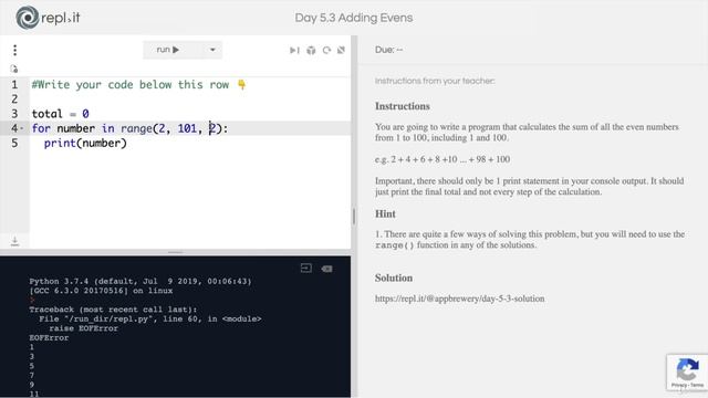Day 5 - Python Loops - 6 [Interactive Coding Exercise] Adding Even Numbers смотреть онлайн