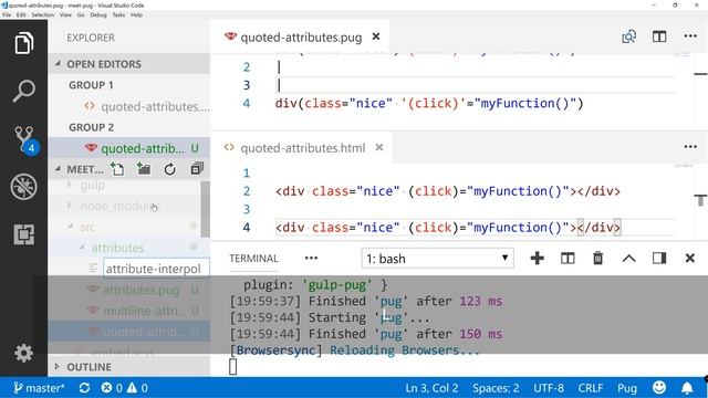 How do you write quoted HTML attributes using PUG - part 2? - Meet Pug 04