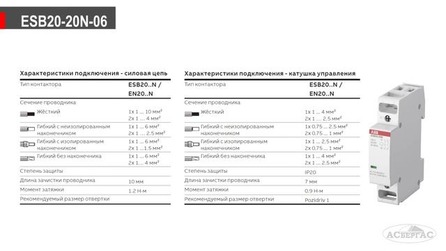 ABB ESB20-20N-06 - Обзор модульного контактора (20А АС-1, 2НО) - 1SBE121111R0620 смотреть онлайн