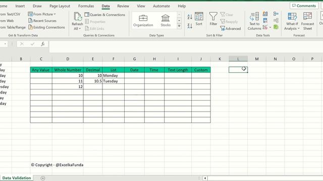 Excel Formulas Data Validation, Data Custom features