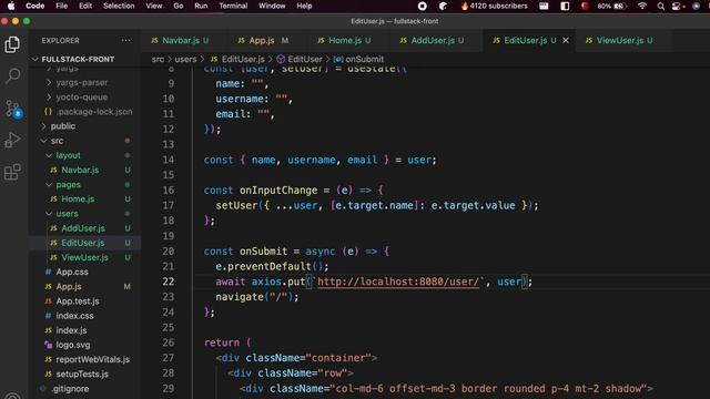 Edit user using AXIOS PUT - REACT|| Full Stack CRUD Application Spring Boot and React -17