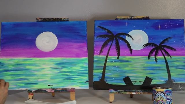 Relaxing Beach Painting in the Fuschia Moonlight - Step by Step Acrylic Class for BEGINNERS смотреть онлайн