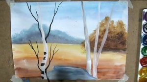 Осенний пейзаж, Ноябрь. Как нарисовать пейзаж акварелью с детьми.//Watercolor autumn landscape.